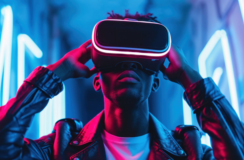 A man with leather jacket showcasing VR experience