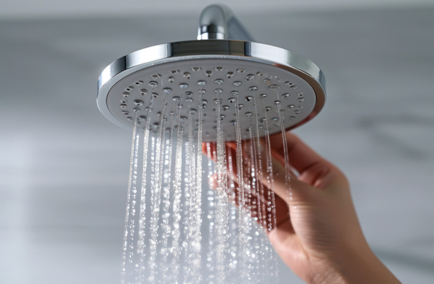 Hand holding shower head for a refreshing bath