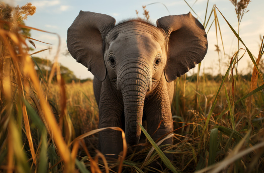 Baby elephant walks through tall grass