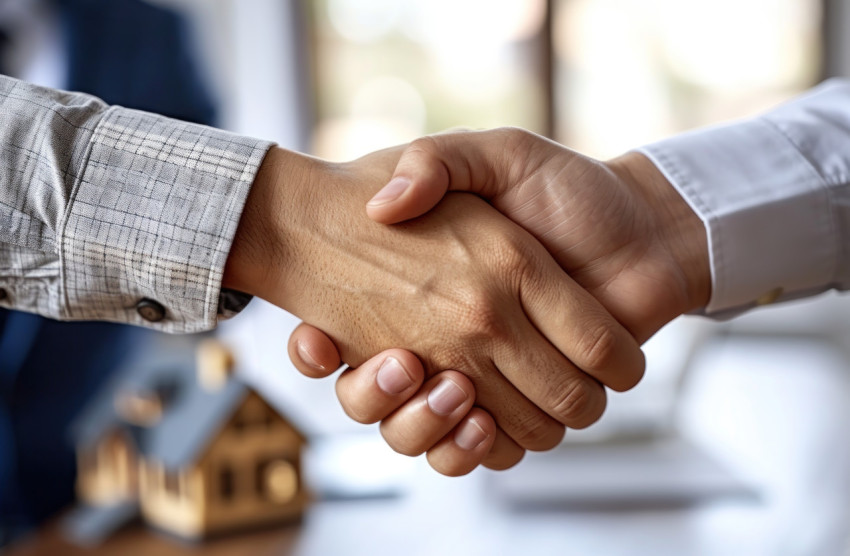 Two individuals shake hands in a business setting sealing a deal with a house model a successful agreement