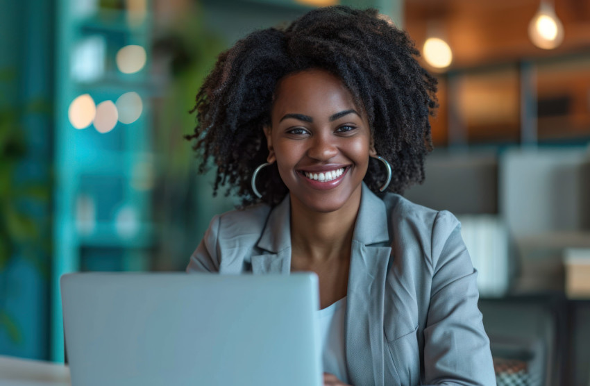 Black businesswoman happily working on her laptop in the office