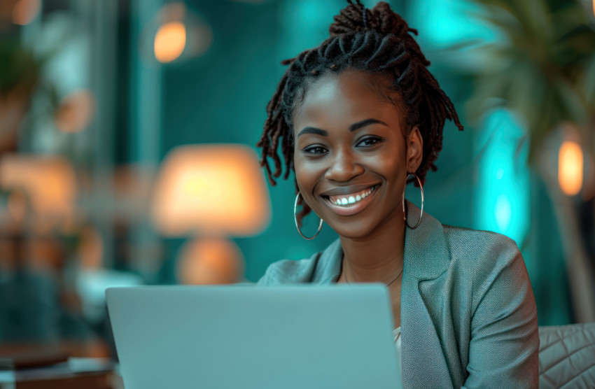 Smiling black businesswoman using laptop at office workspace