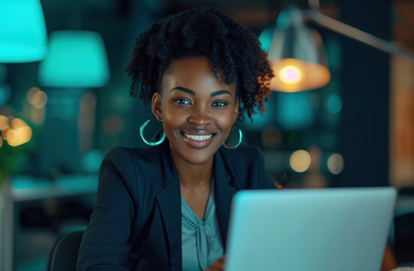 Smiling black businesswoman using laptop at the office working with joy and efficiency