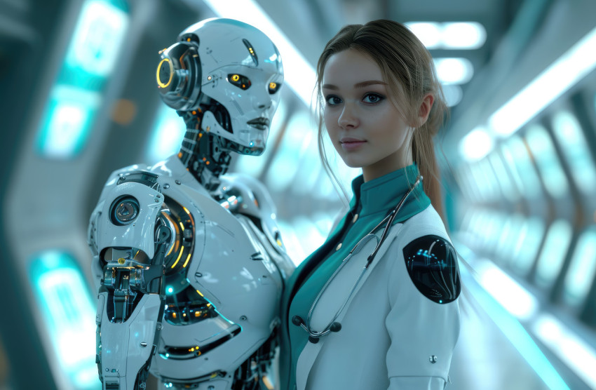 Woman in doctor suit stands with robot showcasing the future of healthcare and technology