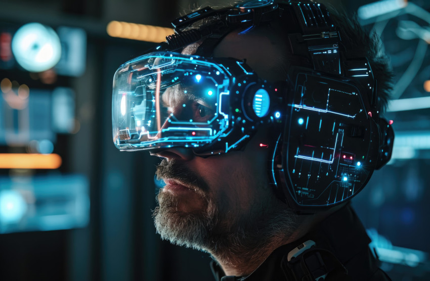 Man wears virtual holosphere machine experiencing advanced technology