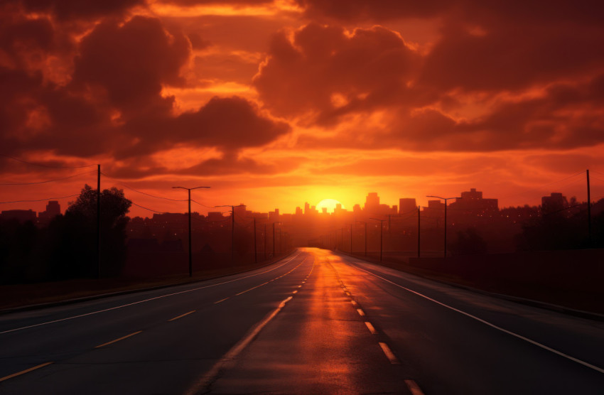 An empty road at sunset