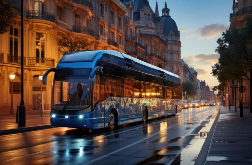 A bus drives through city streets