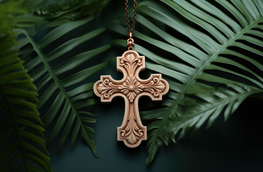 Christian cross amidst palm leaves on sandy beach