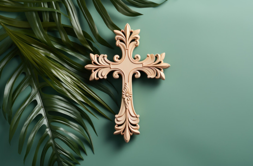 Wooden cross crafted from tropical palm leaves