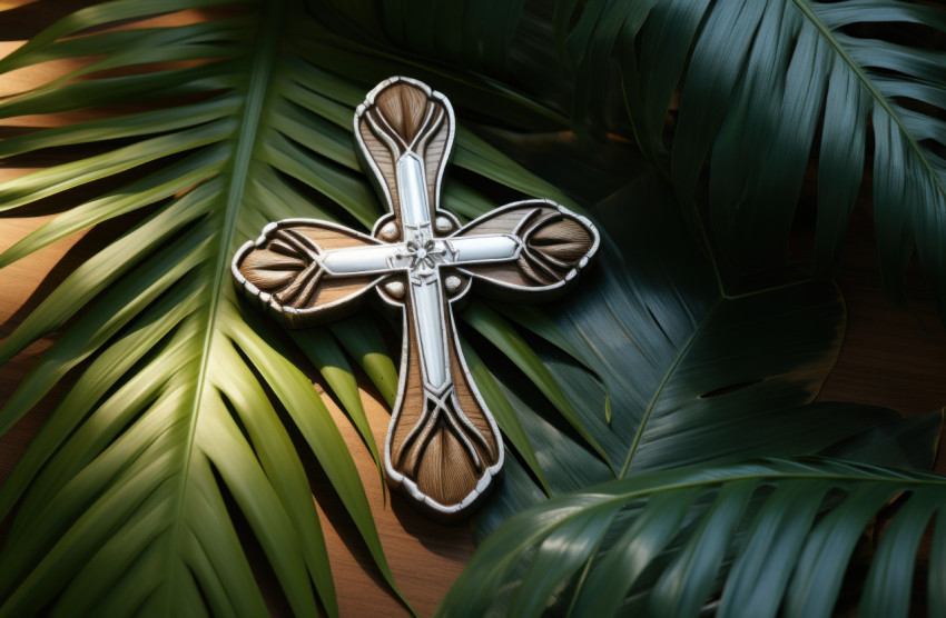 Wooden cross on sandy beach with palm branches nearby