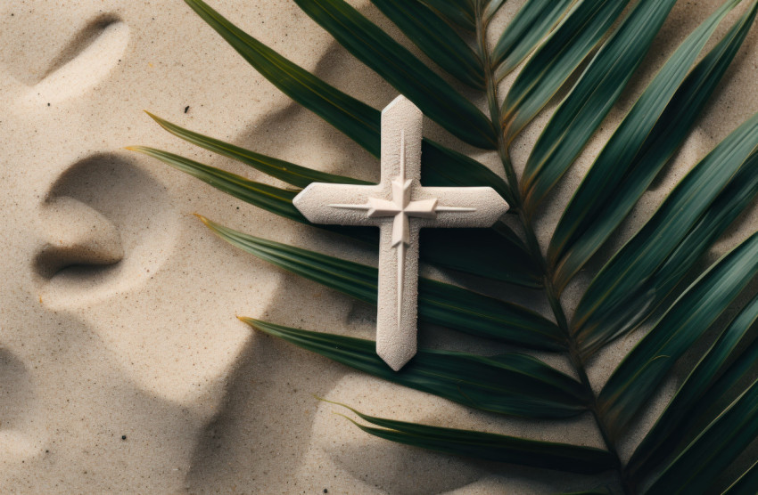 A wooden cross planted in the sand amidst palm leaves