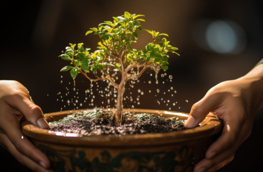 Watering a new plant in pot on blurred background