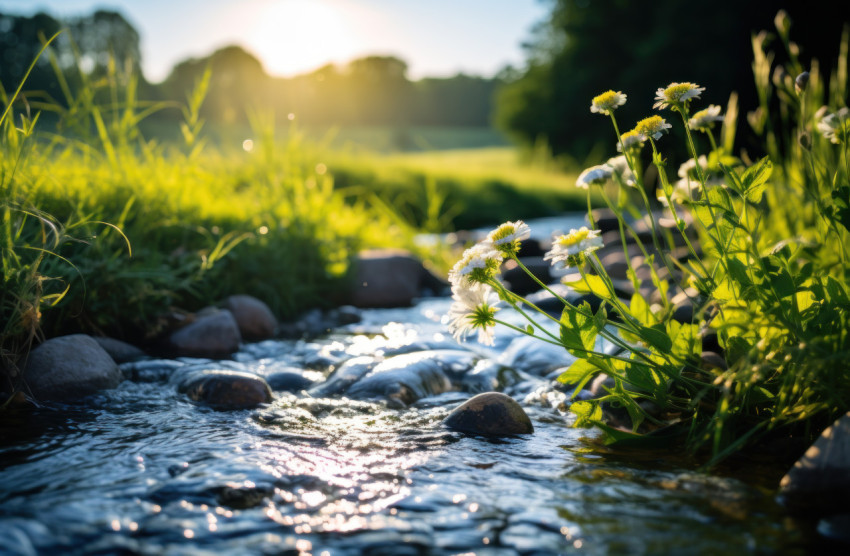 Tranquil stream emerging from the grass