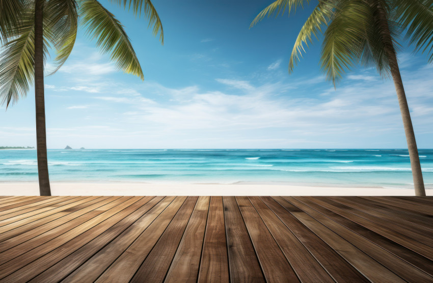 Clear light illuminates a wooden floor with palm trees and ocean views