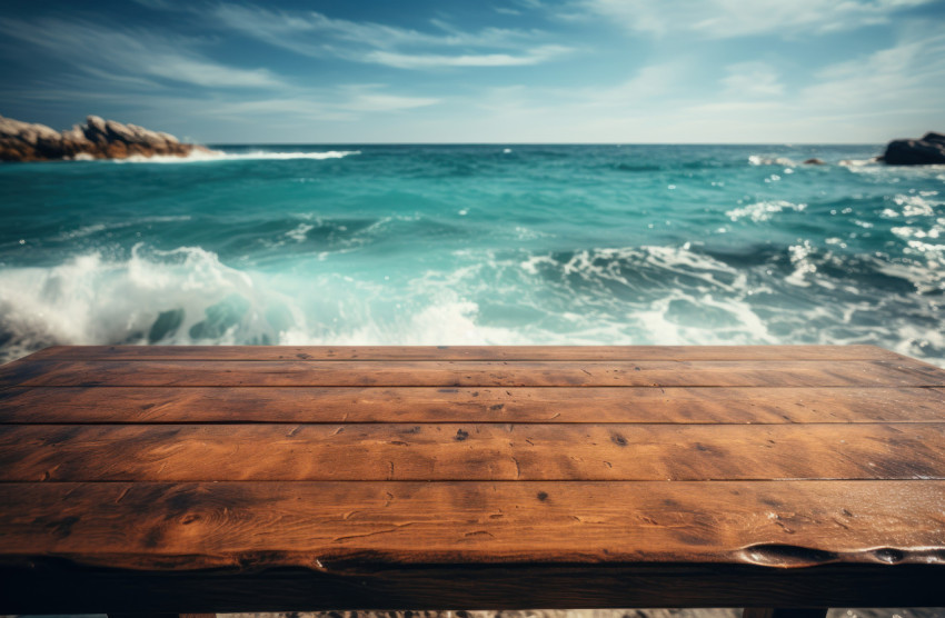 A beachside wooden table against the sea