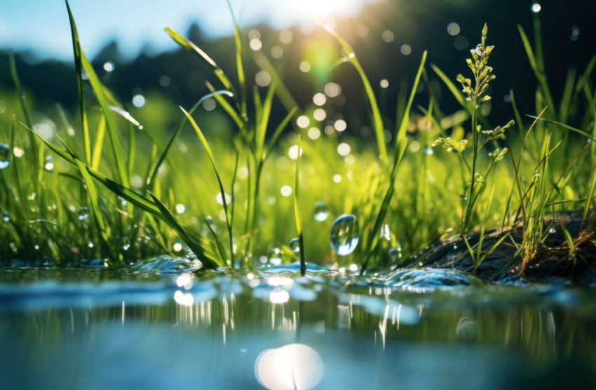 Serene summer landscape featuring water gently cascading over lush green grass and swaying blades in a harmonious flow