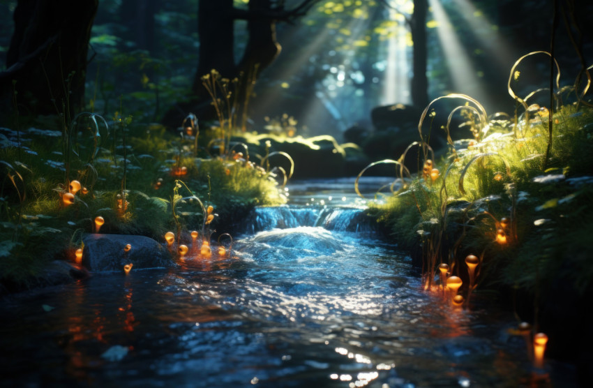 Sunlit stream entering lush grassy landscape showcasing the serenity of nature