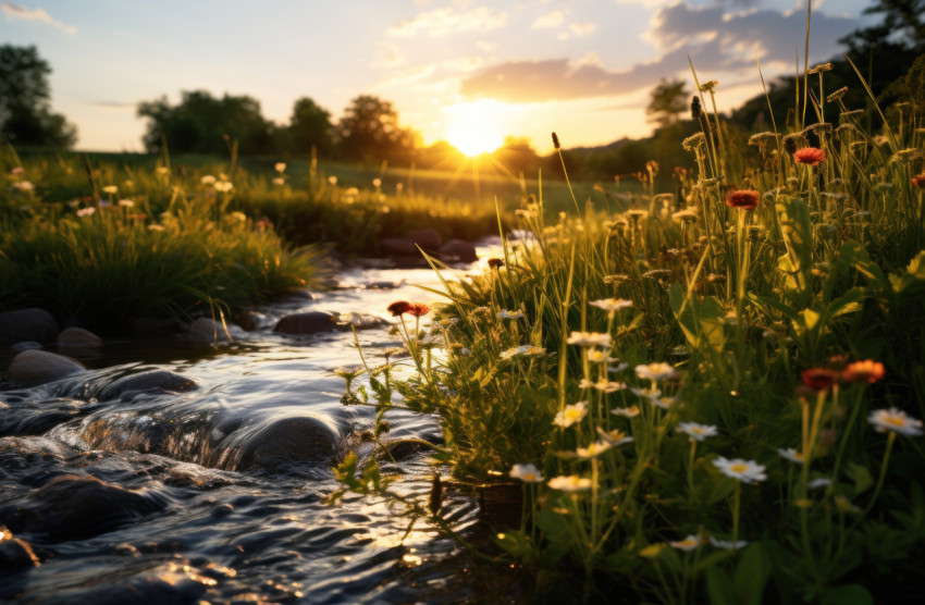 Serene stream winding through grass bathed in the golden hues of a beautiful sunset