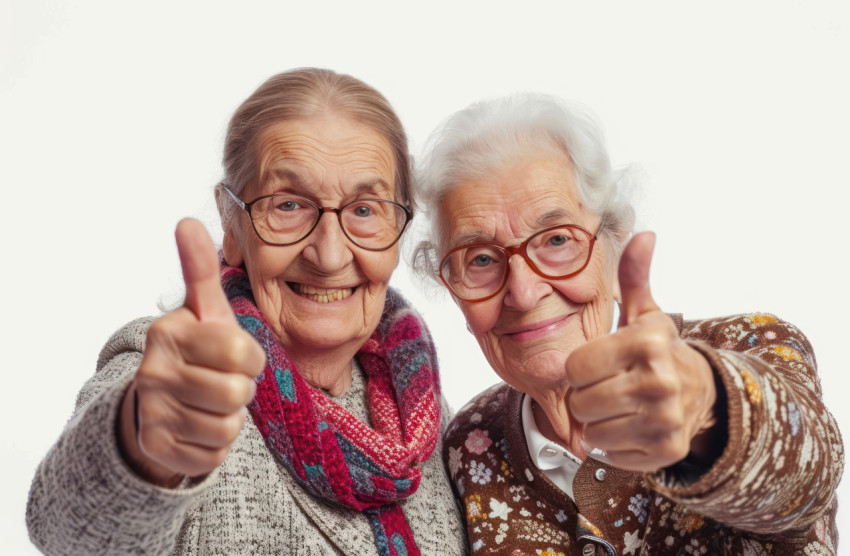 Two women happily giving each other thumbs up in a positive gesture of approval and encouragement