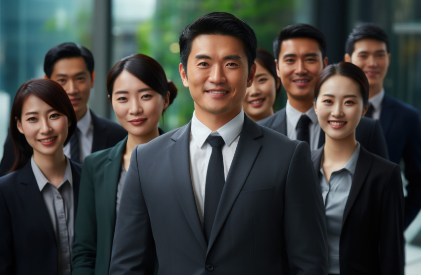 A group of japanese professionals standing together showcasing unity and happiness