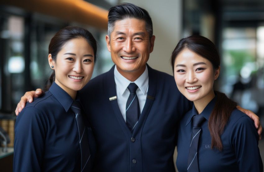 Smiling asian business team posing for a group photo