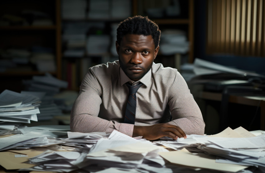 Office desk scene with african man focused on work