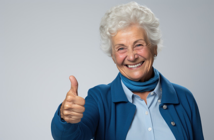 A senior lady giving a positive gesture by raising her thumb against a blank white background
