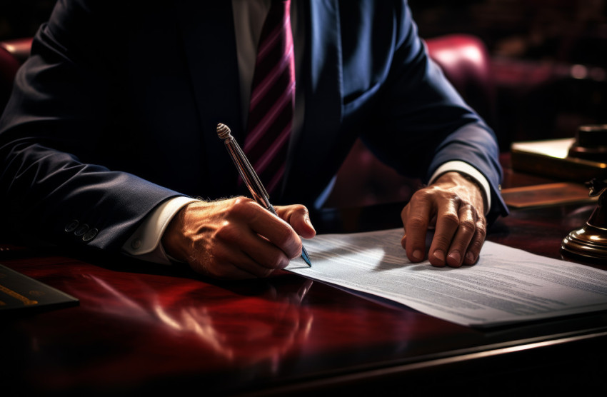 Office scene with lawyer signing document surrounded by law books