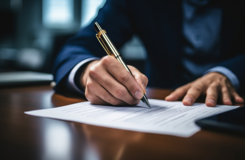 A pen is held in a hand writing on a document