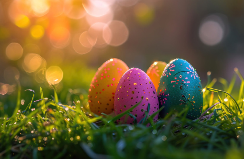 Colorful easter eggs placed in the grass next to a sunrise