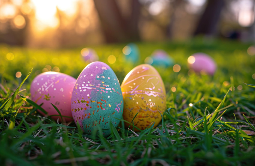 Colored easter eggs on grass at sunset