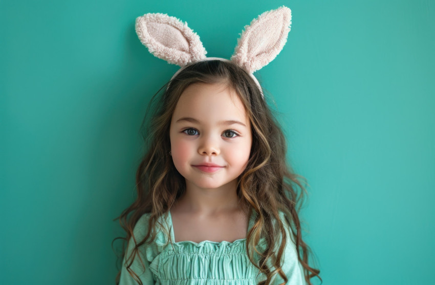 A child wearing bunny ears against a vibrant green backdrop