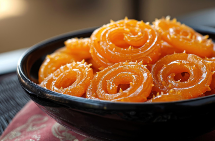 A black bowl filled with tempting jalebi a delicious indian sweet