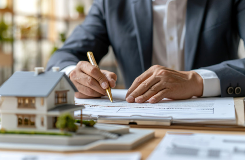 A real estate professional paperwork in front of a house model