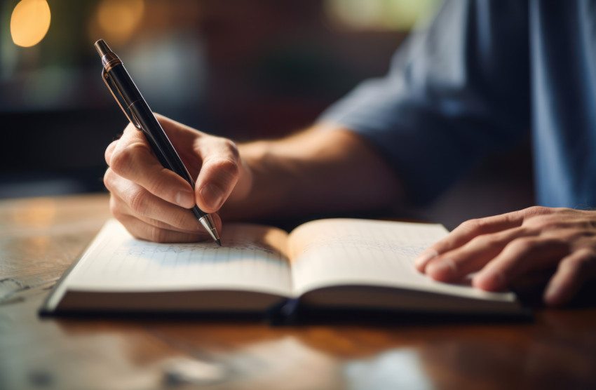 Person writing in notebook with pen