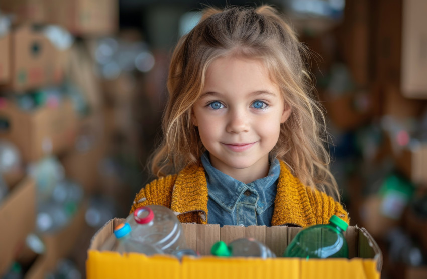 Inquisitive child holding a box filled with small cartons and delicate glass items