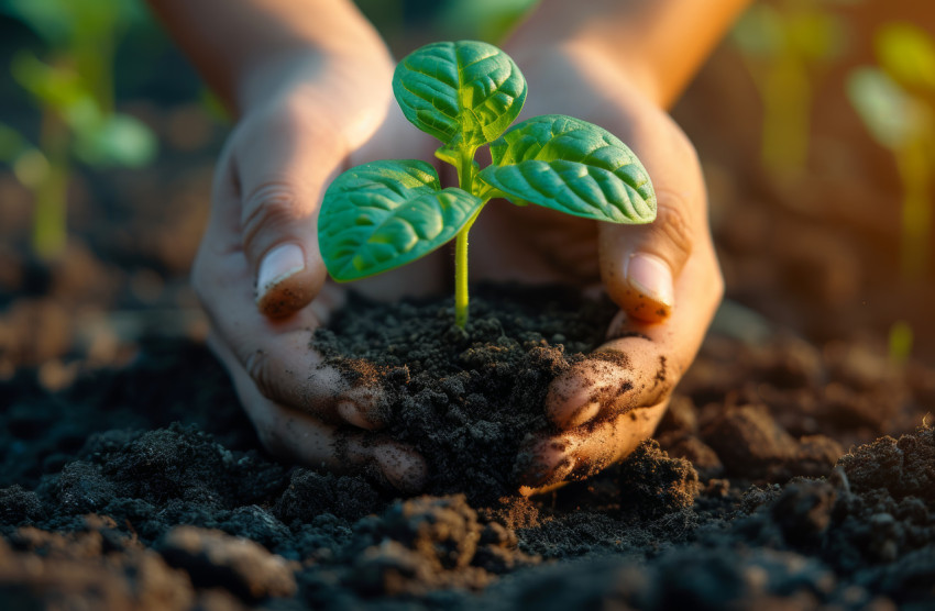 Holding a young tree in soil hands care for new life bathed in sunlight