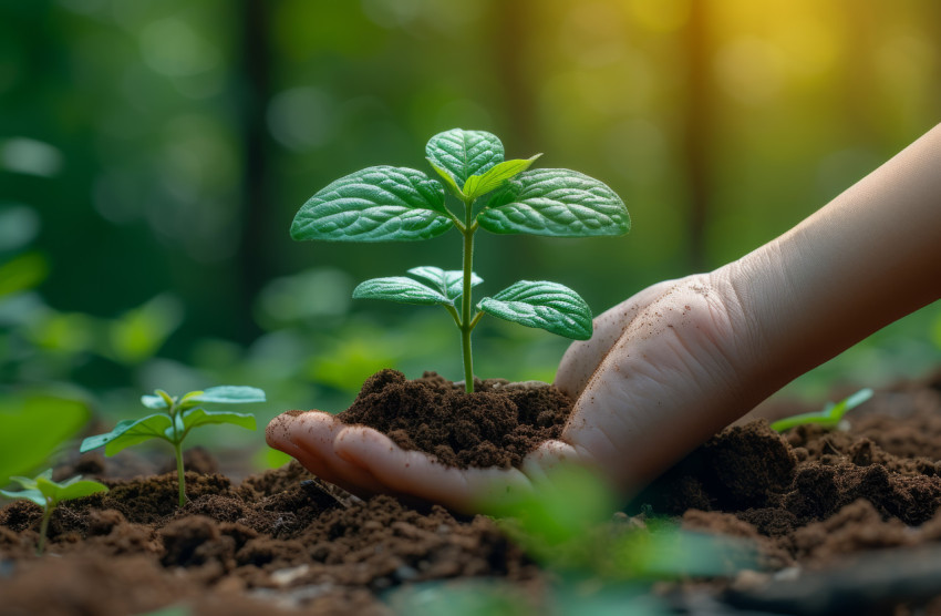 A tiny hand cradles a soil grown seedling fostering growth with care