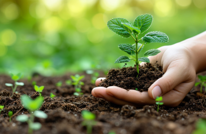 Holding a tiny soil plant a gesture of nurturing growth environmental care and green life