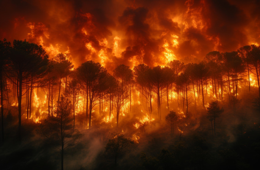 Nighttime inferno as a forest fire rages with fierce flames lighting up the surroundings