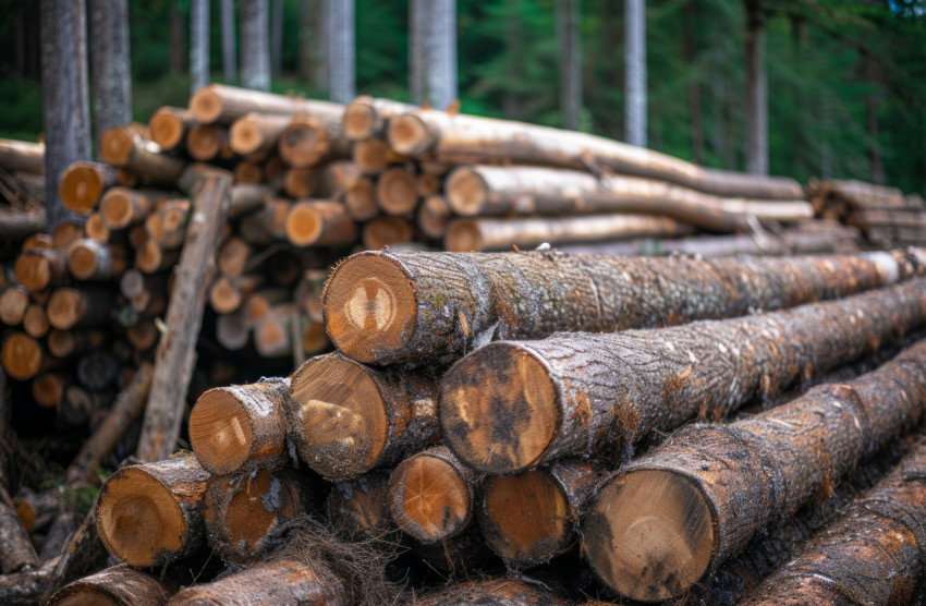 A stack of logs in a serene forest setting