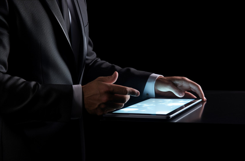 A man points at a tablet computer, seo stock images for marketing campaigns