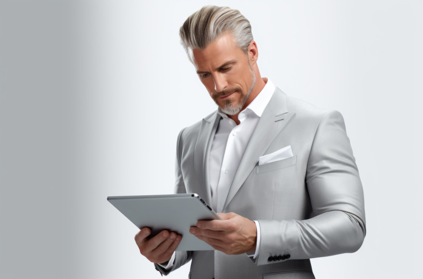 A man points at a tablet computer, seo stock images for marketing campaigns