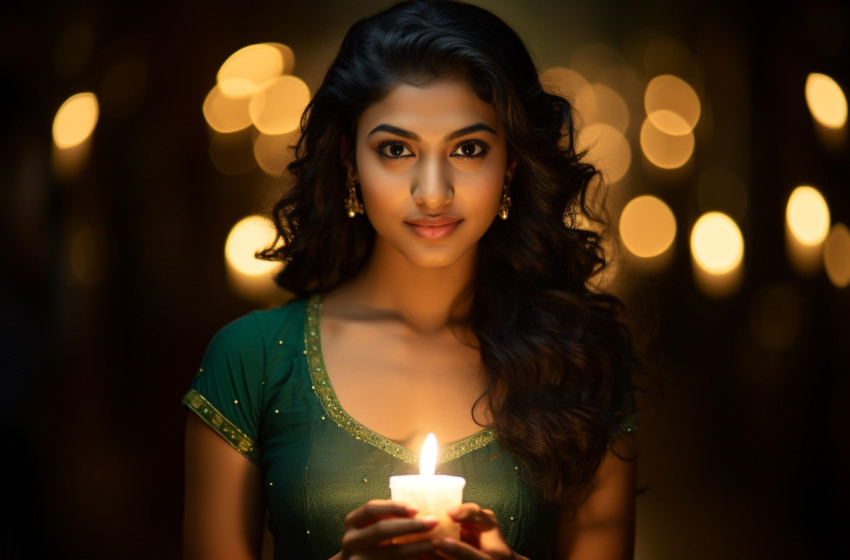 young indian woman lighted up with diwali lamp