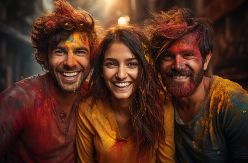 Friends embracing holi with radiant smiles