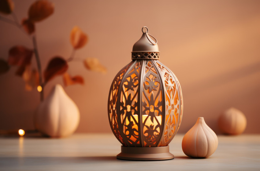 Ceramic lantern and leaf on a stylish marble table creating a calm setting