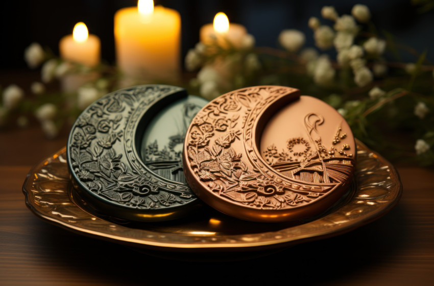 Harmony of two crescent moons and delectable desserts on paired round plates