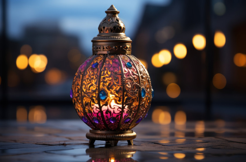 Ornate gold lantern with detailed designs showcased against a majestic purple and silver setting