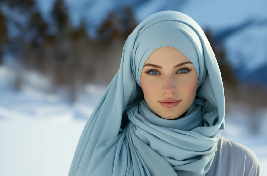 A young woman in a striking blue hijab