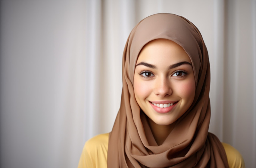 Happy hawaiian woman wearing a hijab smiles brightly in a clean white setting